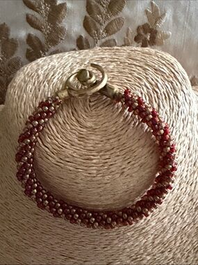 Artisan Red Bead Rope Bracelet with Gold Toggle